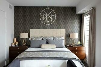 Wallpaper Behind Bed Bedroom Transitional With Upholstered