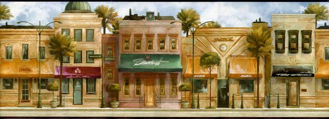 Rodeo Drive Store Fronts Wallpaper Border