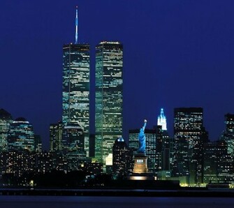 New York N Y Twin Tower Night Statue Of Liberty City Light Buildings
