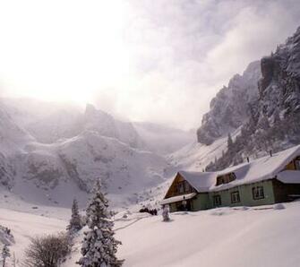 Background Nature Snow Pink Twilight Mountains Cabin Log