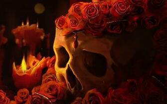 Skull Pendants Red Rose Flowers Candles Fire Flame Wallpaper