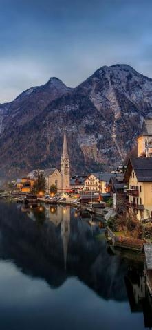 L Town Hallstatt Austria Alps Lake Mountains Houses Dawn Wallpaper