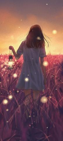Anime Landscape Field Girl Back