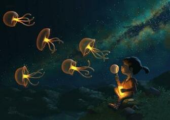 Wallpaper Girl Blow Bubbles That Turn Into Jellyfish By Andrew