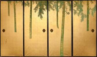 Japanese Four Panel Screen Fusuma Door Paintings Of Bamboo On