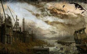 Dirty Wallpaper With Sunken Yachts Swamp Near The Old Plant