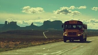 Wallpaper Mountains Clouds Vintage Roads School Bus