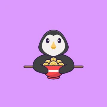Cute Penguin Eating Ramen Noodles Animal Cartoon Concept Isolated