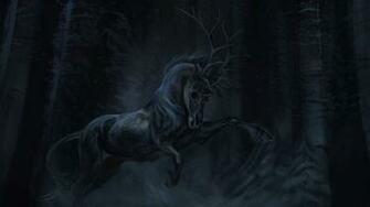 Fantasy Dark Horse Forest Night Horn Tree Wallpaper