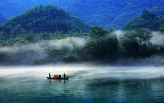 China Hills Mist Boats Fishing Lakes Dawning Wallpaper