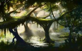 Vines Water Marsh Pond Forest Lakes Fantasy Moss Sunlight Wallpaper