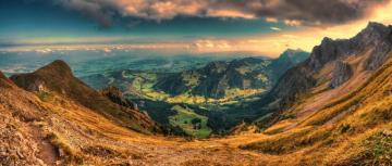 Sunset Valley Panoramas Switzerland Nature Mountain Clouds