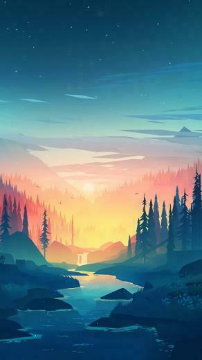Flat Landscape Minimalism Trees Sunset River