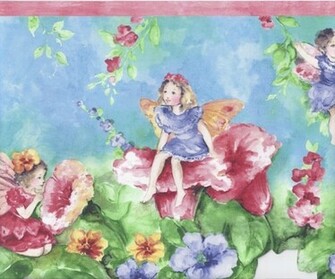 Pink Blue Floral Fairies Wallpaper Border Baby Nursery Kids