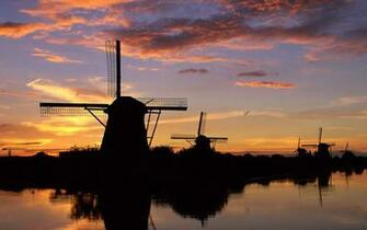 Wallpaper Windmill Night Pond Sunset Clouds