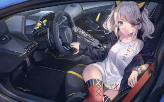 Anime Girl In Lamborghini Blowing Bubble Gum 4k Wallpaper HD