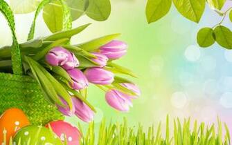 Flowers Tulips Grass Leaves Spring Eggs Easter Wallpaper