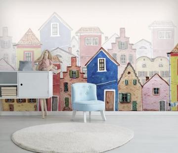 Watercolor Cartoon Town Street Wallpaper Mural Wallmur