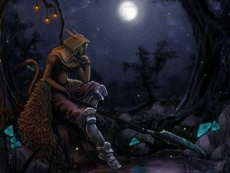 Warrior Elves Spear Night Moon Hood Headgear Fantasy Elf Wallpaper