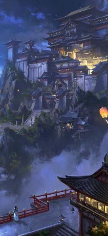 Anime Sky Lantern Mountain Japanese Castle Night iPhone