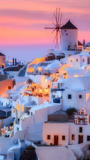 Wallpaper Greece Santorini Island Dusk Houses Lights
