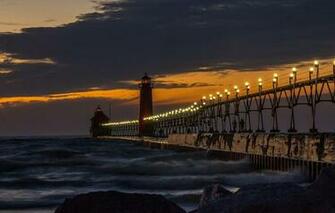 Wallpaper Grand Haven Pier Lake Michigan Sunset
