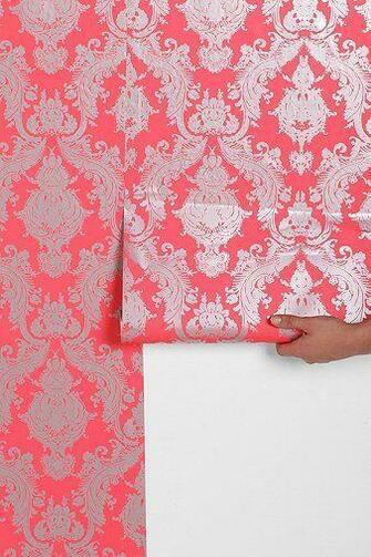 Coral And Silver Damask Wallpaper