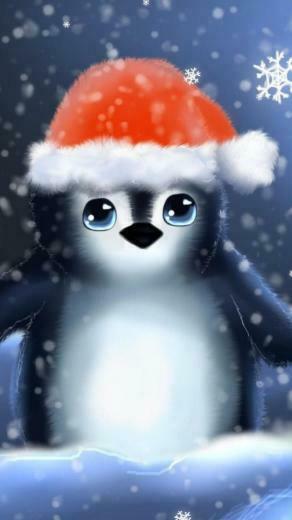 Wallpaper Penguin Hat Cub Snowflakes Christmas