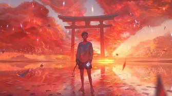 Anime Boy Sunset Gate Shrine 4k Wallpaper