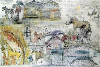 Houses And Two Hundred Animals American Folk Art Wallpaper Image