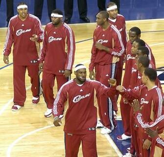 Lebron James Greets His Teammates During Pre Game Introductions