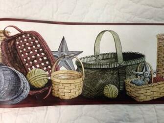 Primitive Country Baskets Stars And Rag Balls Wallpaper Border