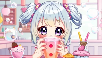 Cute Anime Girl Drinking Boba Wallpaper