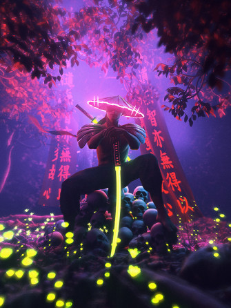 Neon Samurai On Artwork Art