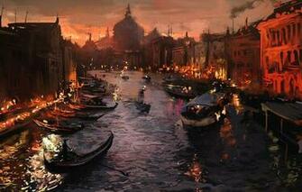 Wallpaper The City Lights River Boat Evening Venice Art