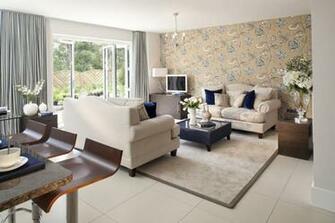 Living Room With French Doors Tiles Carpet Feature Wall Wallpaper