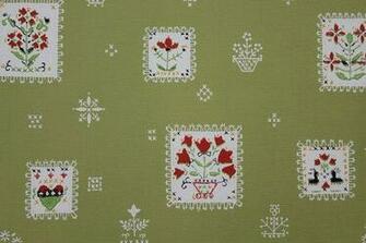 Red Flower Patchwork On Green Vintage Wallpaper Made In England