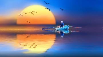 Sunset Lake Fishing Camec Ptici Flight Reflection In Water Art HD