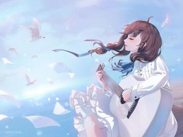 Wallpaper Anime Girl Birds Instrument Brown Hair White Dress