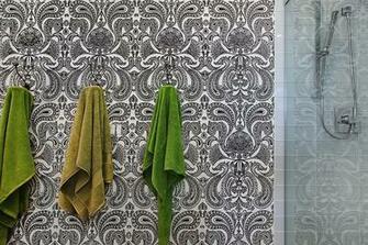 Black And White Flocked Wallpaper Contemporary Bathroom