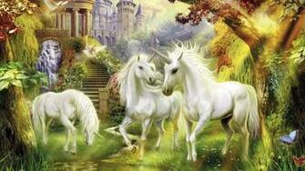 Unicorns In The Castle Garden Wallpaper Fantasy