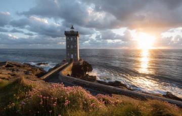 Wallpaper Sunset Flowers The Ocean Coast France Lighthouse