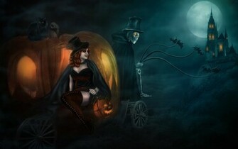 Wallpaper Halloween Cinderella Coach Pumpkin Bat Skull Desktop