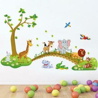 Cute Forest Animals Crossing Bridge Cartoon Wall Stickers For Kids