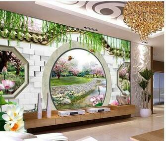 Non Woven Wallpaper 3d Spring Bamboo Round Door Papel De