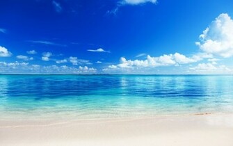 Beach Sand Ocean Horizon Sky Clouds Blue Wallpaper