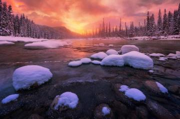 Nature Landscape Winter Sunrise Forest Snow River Cold