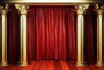 Stage With Red Curtain Floor And Golden Pillar For Photography
