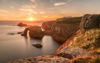 Wallpaper Sunset Coast England Cornwall Enys Dodnan Arch