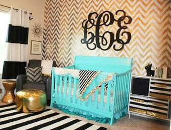 Gold Stenciled Accent Wall In A Nursery Using The Ikat Zig Zag